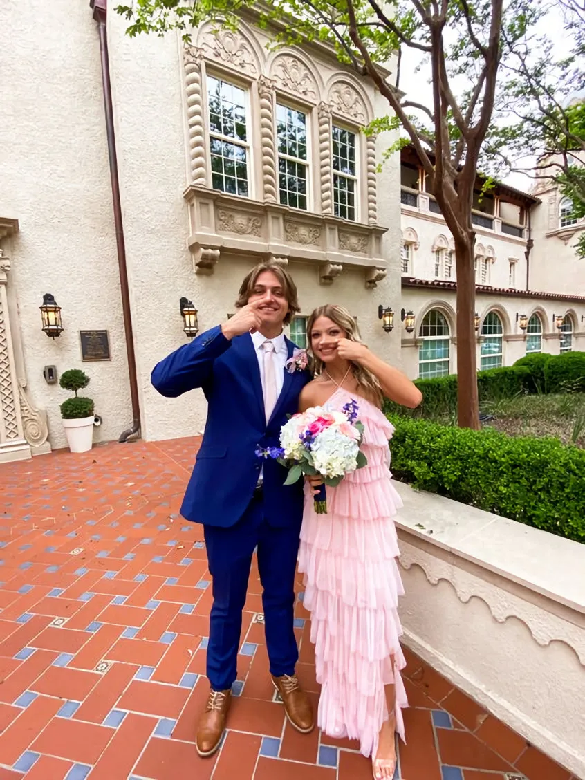 A-line Pink Tulle Tiered Long Prom Dress, Unique Prom Dress