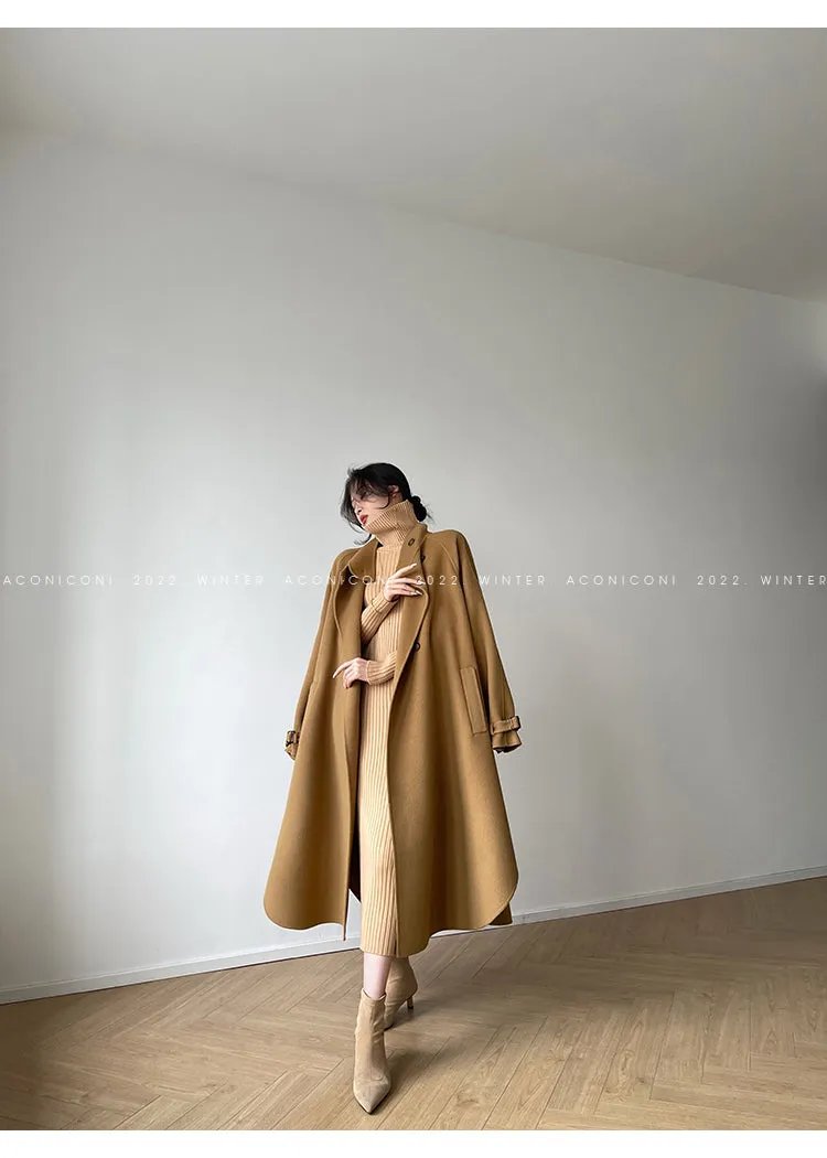 Aconiconi Autumn purple tan double-sided heavy wool cloak jacket long coat - Maple