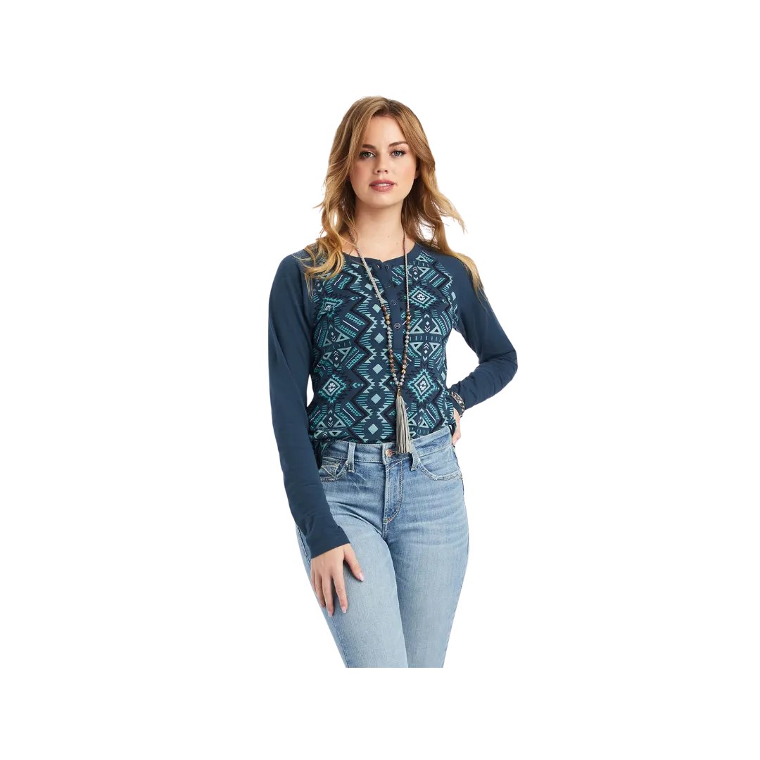 Ariat Women's Real Printed Henley Maze Mult Midnight Navy Shirt