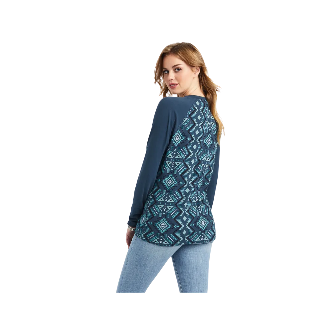 Ariat Women's Real Printed Henley Maze Mult Midnight Navy Shirt