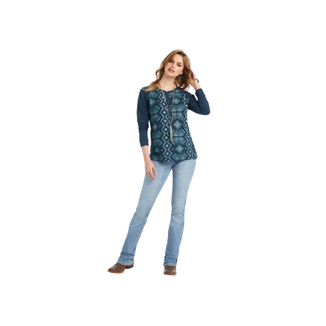 Ariat Women's Real Printed Henley Maze Mult Midnight Navy Shirt