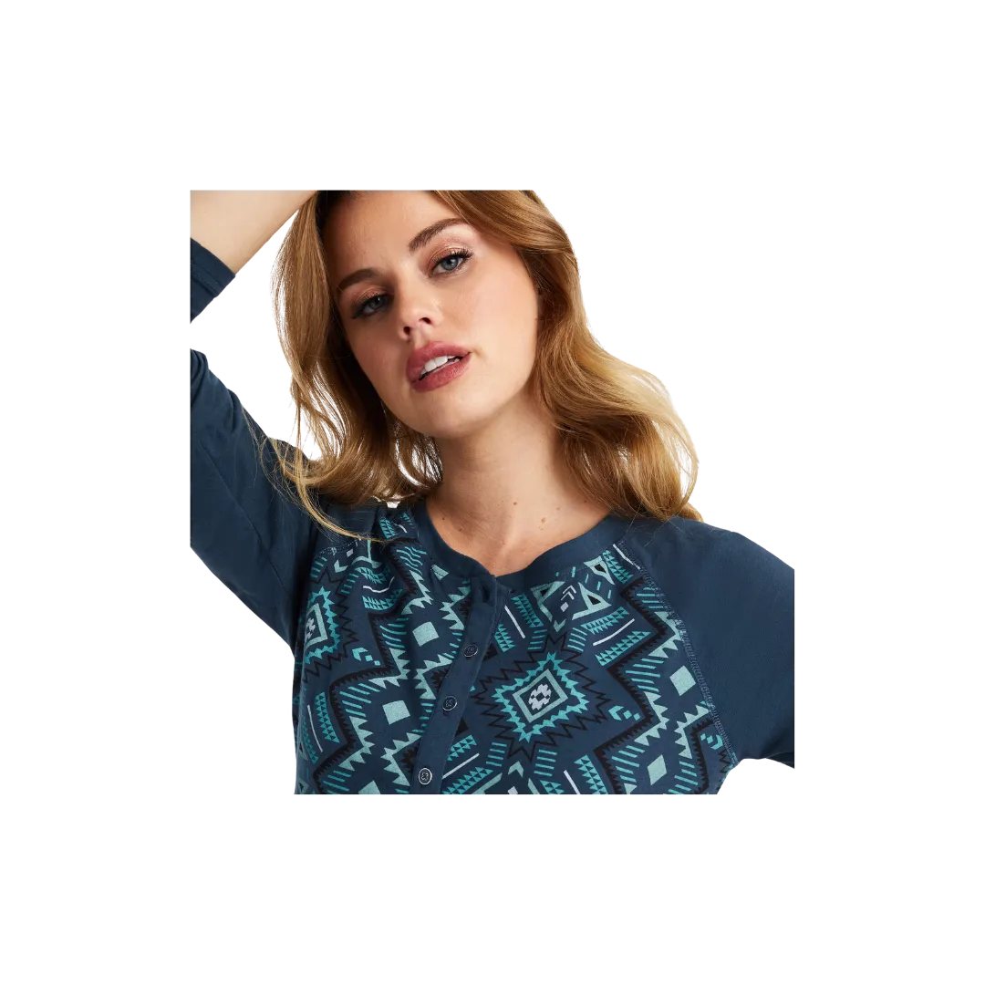 Ariat Women's Real Printed Henley Maze Mult Midnight Navy Shirt