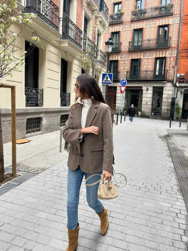 Back To School Joskaa Autumn Collar Tassel Casual Suit Jacket Fashion Single Breasted Solid Color Women's Outerwear 2024 New Commuter Office Coat Top