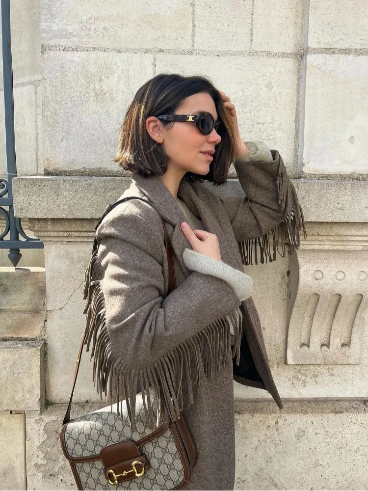 Back To School Joskaa Autumn Collar Tassel Casual Suit Jacket Fashion Single Breasted Solid Color Women's Outerwear 2024 New Commuter Office Coat Top