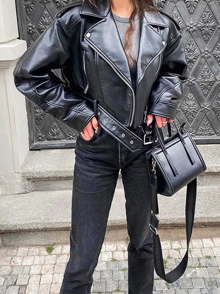 Back To School Joskaa Autumn New Zipper Lapel Women's Leather Jackets Waist Belt Pocket Long Sleeved Short Coat 2024 New Female High Street Outerwears