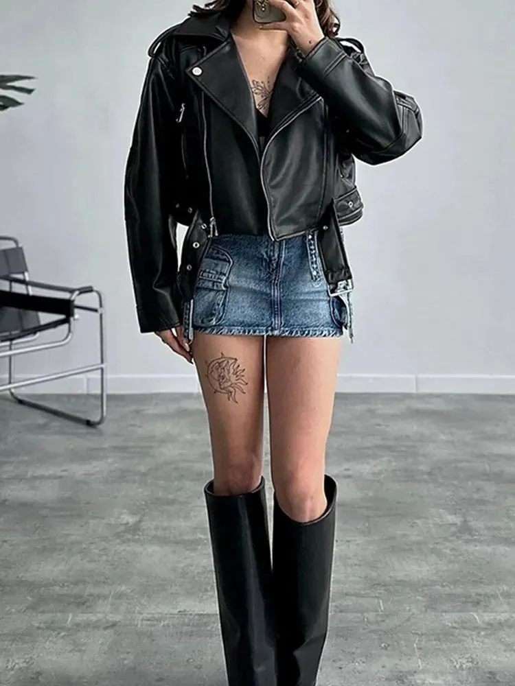 Back To School Joskaa Autumn New Zipper Lapel Women's Leather Jackets Waist Belt Pocket Long Sleeved Short Coat 2024 New Female High Street Outerwears