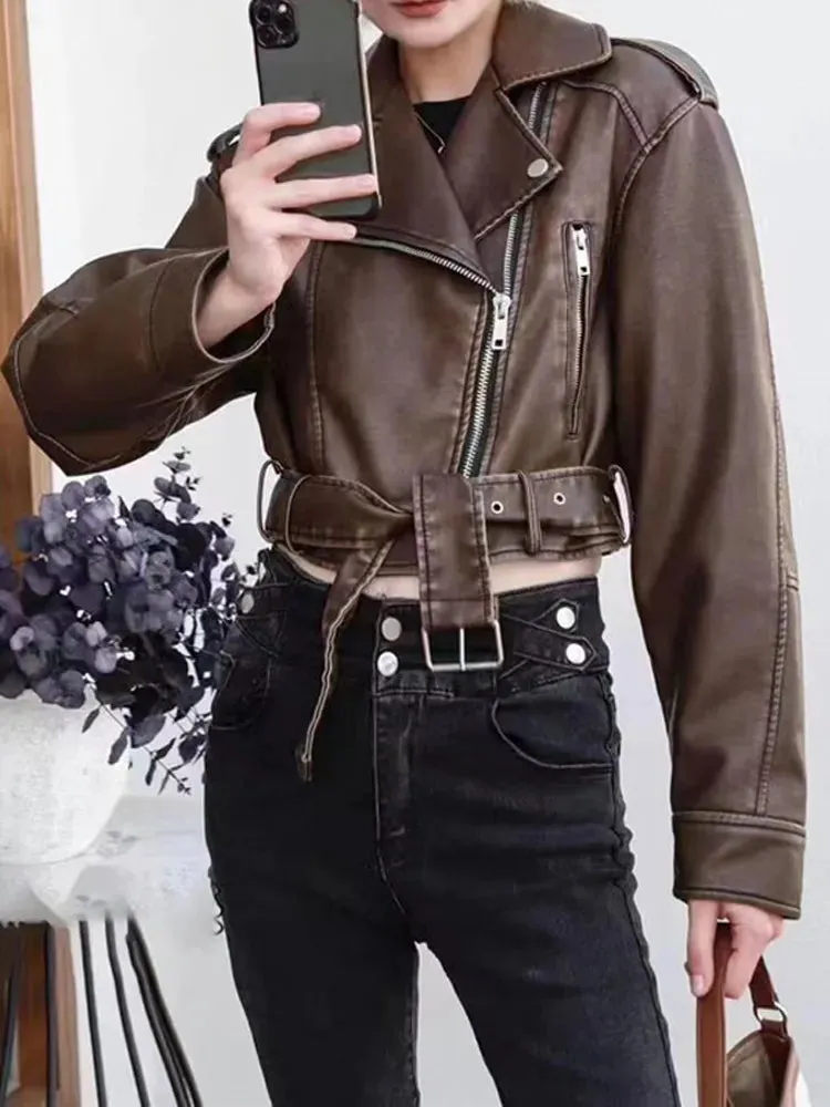 Back To School Joskaa Autumn New Zipper Lapel Women's Leather Jackets Waist Belt Pocket Long Sleeved Short Coat 2024 New Female High Street Outerwears
