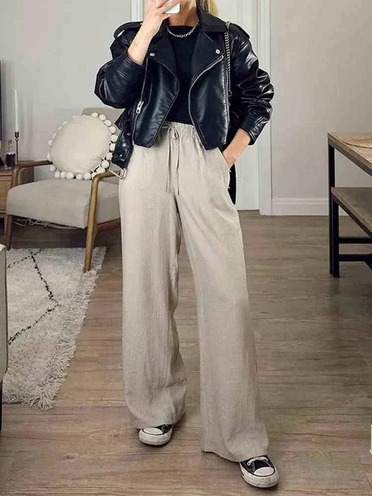 Back To School Joskaa Autumn New Zipper Lapel Women's Leather Jackets Waist Belt Pocket Long Sleeved Short Coat 2024 New Female High Street Outerwears