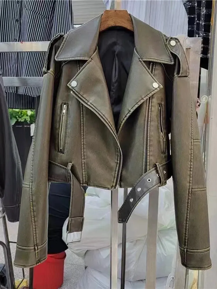 Back To School Joskaa Autumn New Zipper Lapel Women's Leather Jackets Waist Belt Pocket Long Sleeved Short Coat 2024 New Female High Street Outerwears