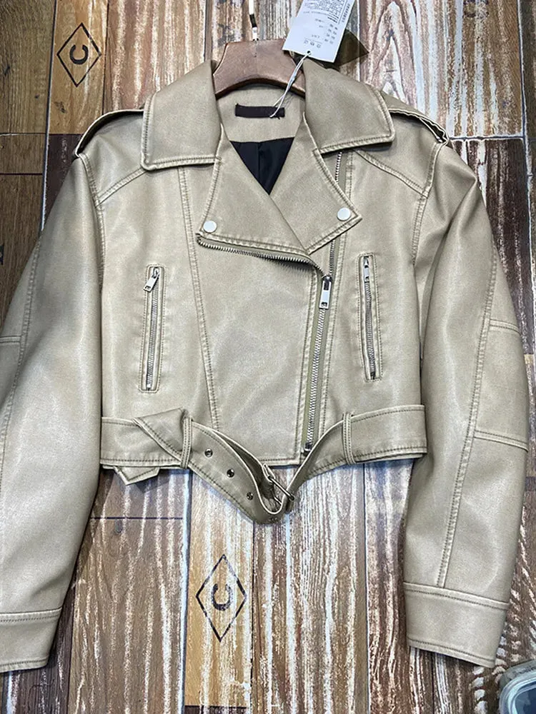 Back To School Joskaa Autumn New Zipper Lapel Women's Leather Jackets Waist Belt Pocket Long Sleeved Short Coat 2024 New Female High Street Outerwears