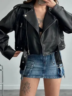 Back To School Joskaa Autumn New Zipper Lapel Women's Leather Jackets Waist Belt Pocket Long Sleeved Short Coat 2024 New Female High Street Outerwears