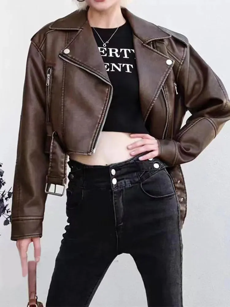 Back To School Joskaa Autumn New Zipper Lapel Women's Leather Jackets Waist Belt Pocket Long Sleeved Short Coat 2024 New Female High Street Outerwears