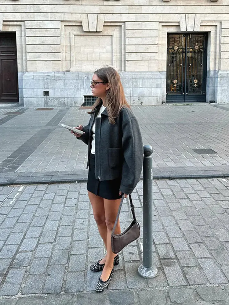 Back To School Joskaa Fashion Collar Solid Color Pocket Women's Woolen Coat Casual Zipper Long Sleeved Retro Jacket 2024 New Female Commute Outerwear