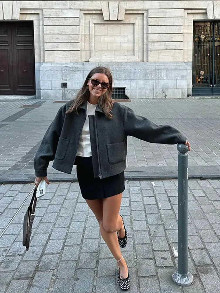 Back To School Joskaa Fashion Collar Solid Color Pocket Women's Woolen Coat Casual Zipper Long Sleeved Retro Jacket 2024 New Female Commute Outerwear