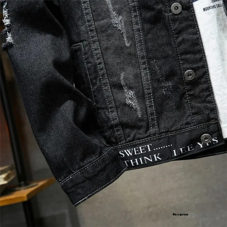 Denim Jacket Hip Hop Streetwear Punk Motorcycle Ripped Print Cowboy Outwear High Quality Casual Hole Male Jeans Coat