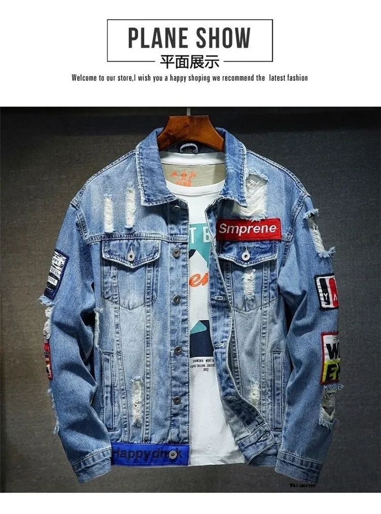 Denim Jacket Hip Hop Streetwear Punk Motorcycle Ripped Print Cowboy Outwear High Quality Casual Hole Male Jeans Coat