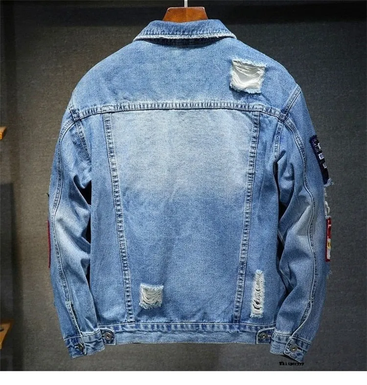 Denim Jacket Hip Hop Streetwear Punk Motorcycle Ripped Print Cowboy Outwear High Quality Casual Hole Male Jeans Coat
