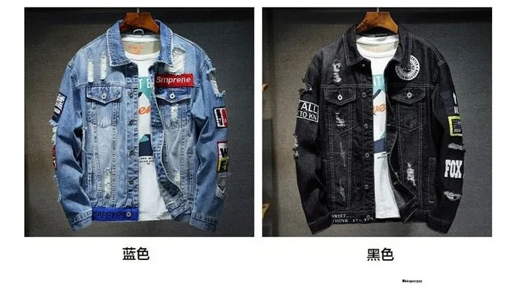 Denim Jacket Hip Hop Streetwear Punk Motorcycle Ripped Print Cowboy Outwear High Quality Casual Hole Male Jeans Coat