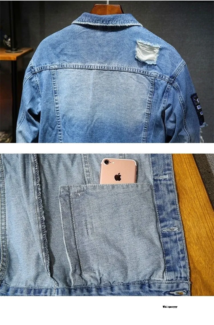 Denim Jacket Hip Hop Streetwear Punk Motorcycle Ripped Print Cowboy Outwear High Quality Casual Hole Male Jeans Coat