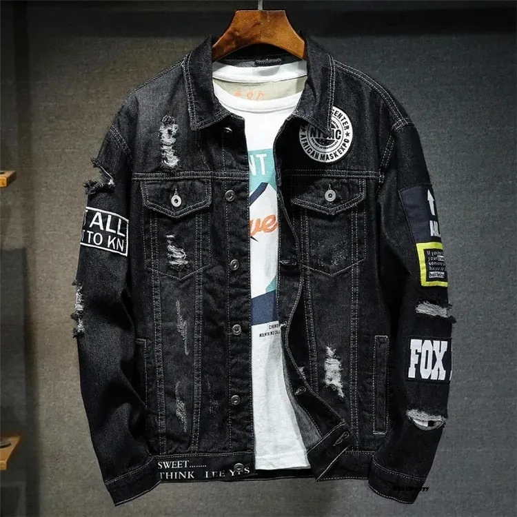 Denim Jacket Hip Hop Streetwear Punk Motorcycle Ripped Print Cowboy Outwear High Quality Casual Hole Male Jeans Coat