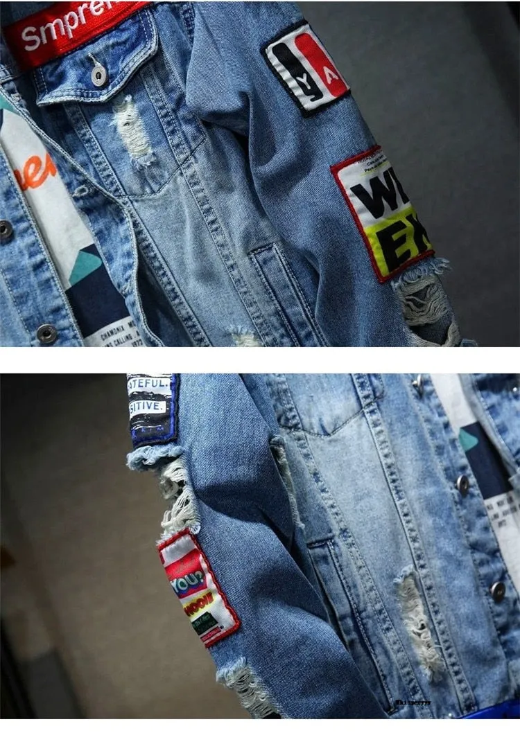 Denim Jacket Hip Hop Streetwear Punk Motorcycle Ripped Print Cowboy Outwear High Quality Casual Hole Male Jeans Coat
