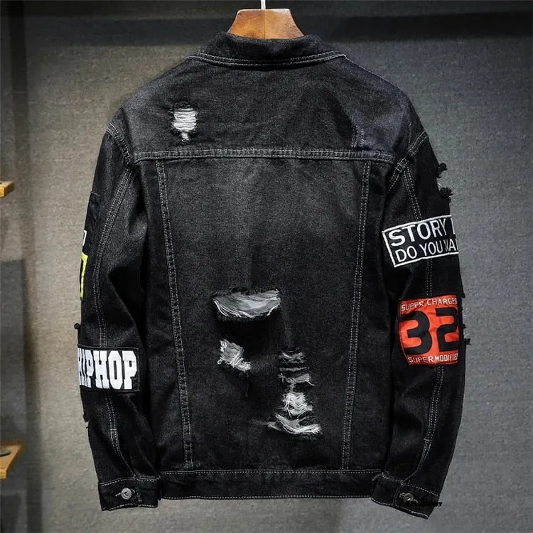 Denim Jacket Hip Hop Streetwear Punk Motorcycle Ripped Print Cowboy Outwear High Quality Casual Hole Male Jeans Coat
