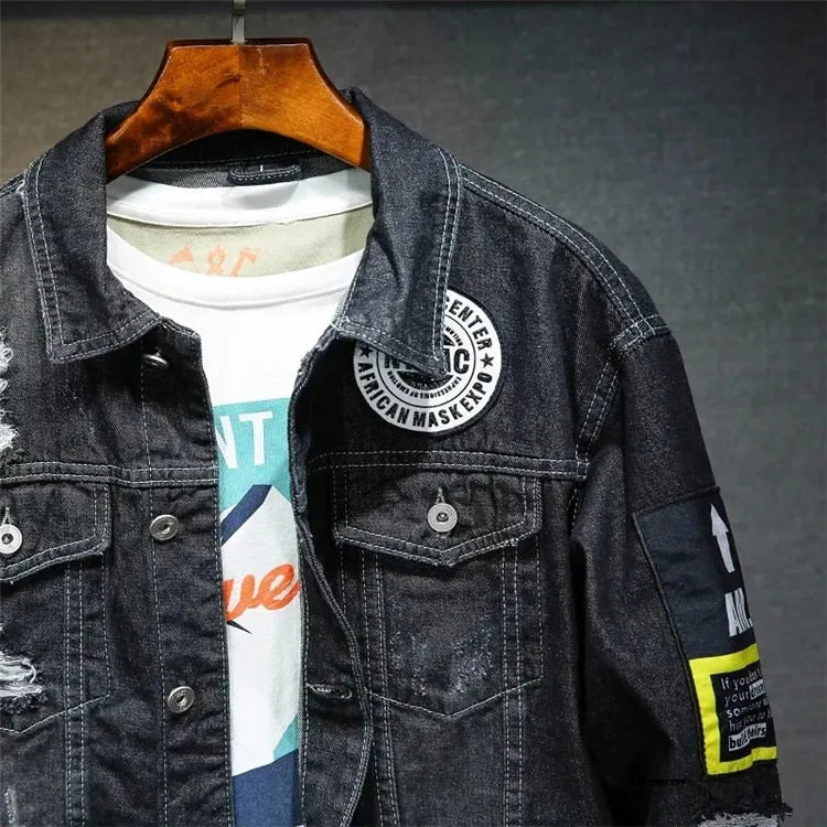 Denim Jacket Hip Hop Streetwear Punk Motorcycle Ripped Print Cowboy Outwear High Quality Casual Hole Male Jeans Coat
