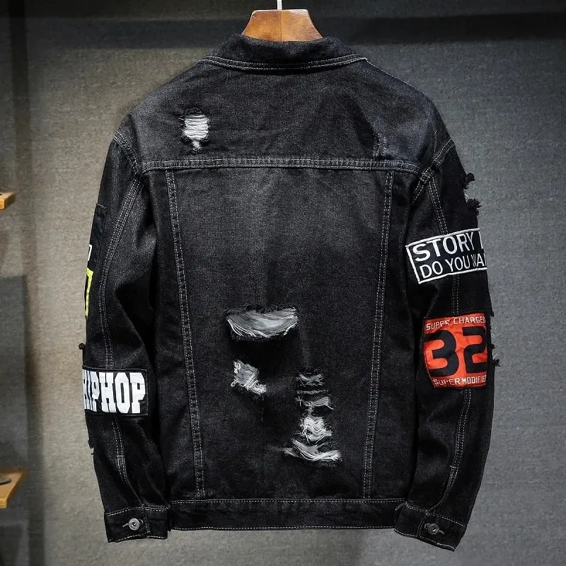 Denim Jacket Hip Hop Streetwear Punk Motorcycle Ripped Print Cowboy Outwear High Quality Casual Hole Male Jeans Coat