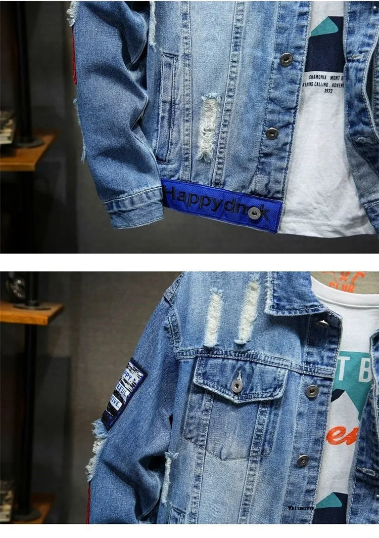 Denim Jacket Hip Hop Streetwear Punk Motorcycle Ripped Print Cowboy Outwear High Quality Casual Hole Male Jeans Coat