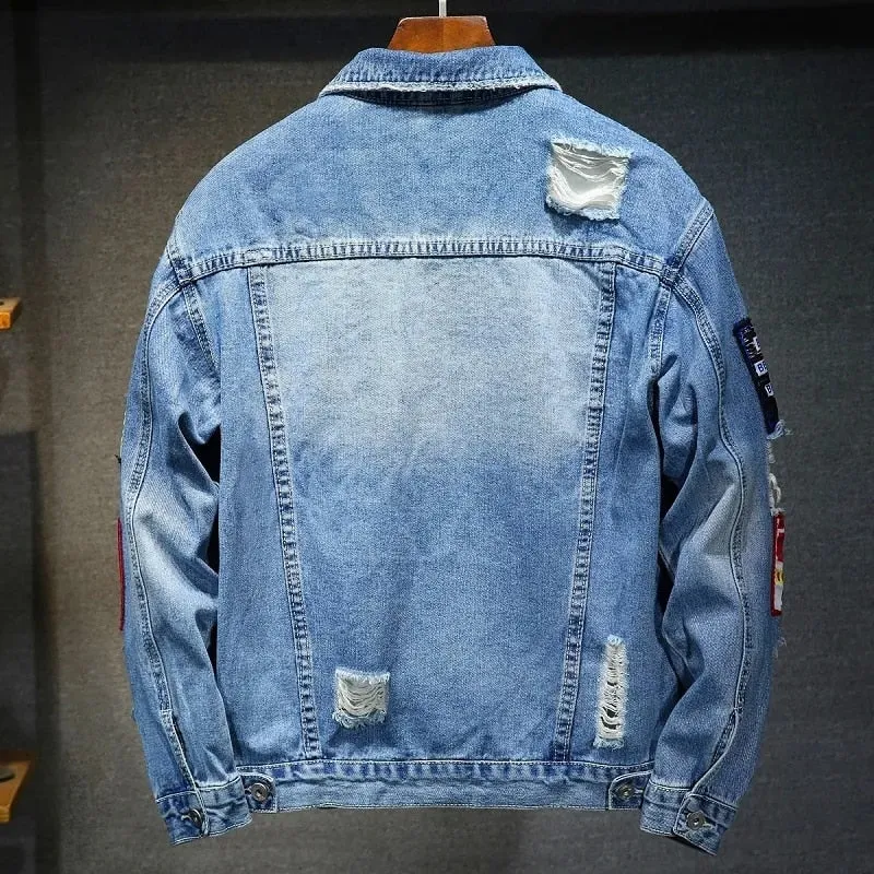 Denim Jacket Hip Hop Streetwear Punk Motorcycle Ripped Print Cowboy Outwear High Quality Casual Hole Male Jeans Coat