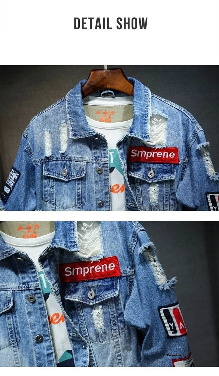 Denim Jacket Hip Hop Streetwear Punk Motorcycle Ripped Print Cowboy Outwear High Quality Casual Hole Male Jeans Coat