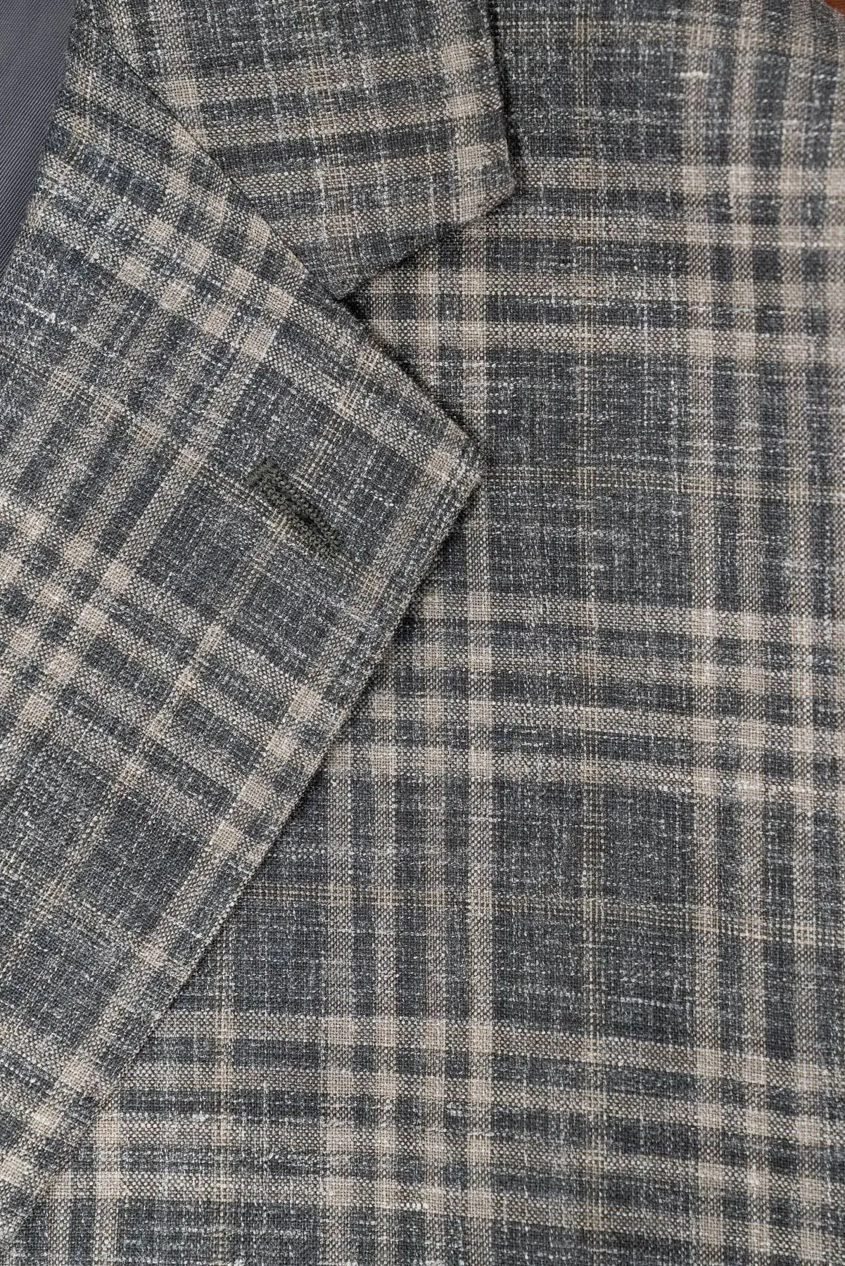 E. Thomas Grey Plaid Wool Silk & Linen Sport Coat