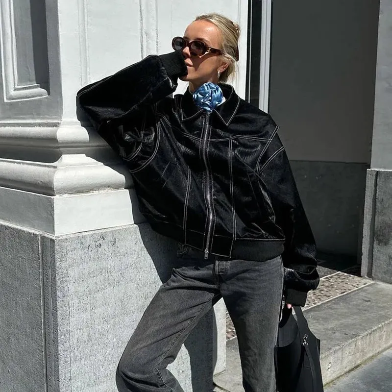 Fashionkova Autumn Women Leather Jacket Oversize Long Sleeve Turn-down Collar Female Coat With Zipper Fashion Casual Loose Ladies Streetwear