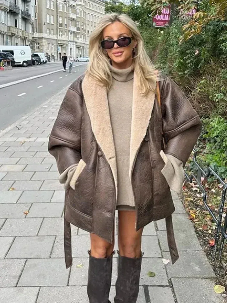 Fashionkova Christmas Gift Outfit  Fashion Woolen Lined Leather Pocket Patchwork Jacket Women Casual Long Sleeve Belt Lapel Coat Autumn Winter New Warm Streetwear