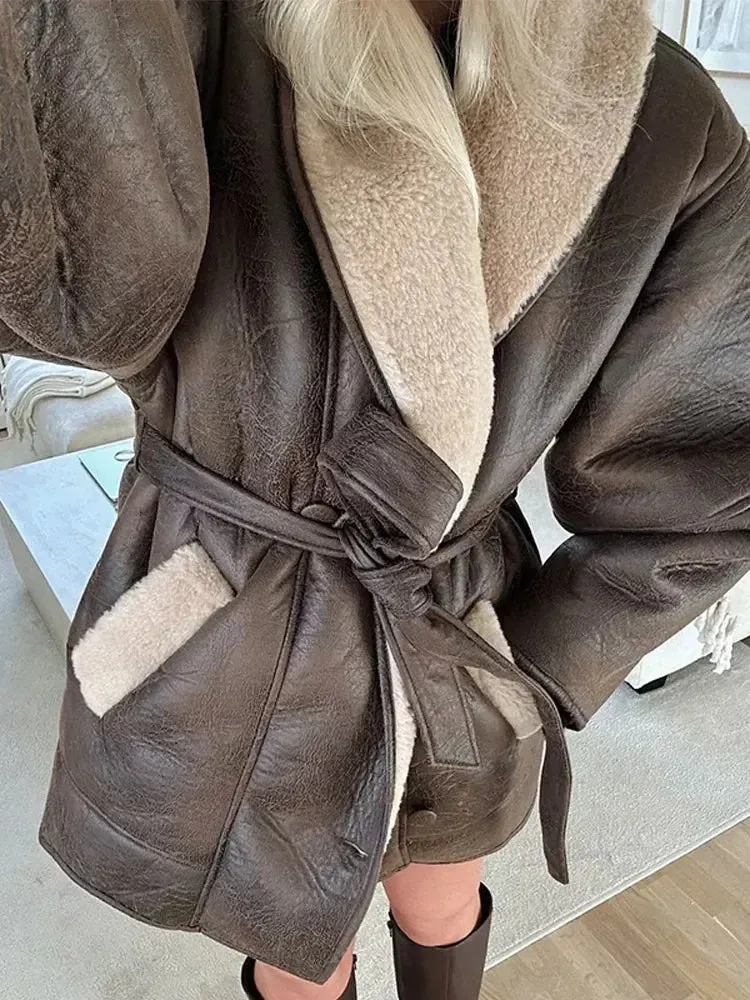 Fashionkova Christmas Gift Outfit  Fashion Woolen Lined Leather Pocket Patchwork Jacket Women Casual Long Sleeve Belt Lapel Coat Autumn Winter New Warm Streetwear