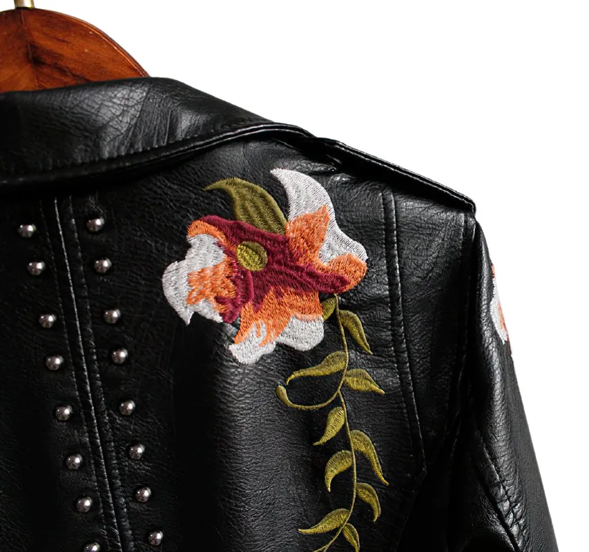 Faux Leather Women's Jacket / Floral Print Embroidery Outerwear / Female Motorcycle Black Coat
