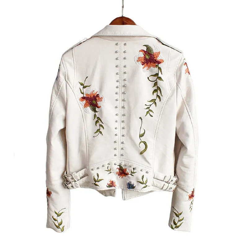 Faux Leather Women's Jacket / Floral Print Embroidery Outerwear / Female Motorcycle Black Coat
