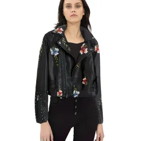 Faux Leather Women's Jacket / Floral Print Embroidery Outerwear / Female Motorcycle Black Coat