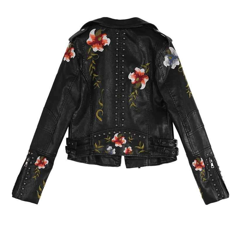 Faux Leather Women's Jacket / Floral Print Embroidery Outerwear / Female Motorcycle Black Coat