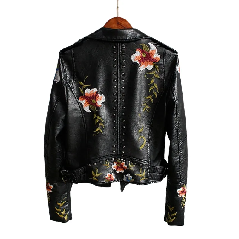 Faux Leather Women's Jacket / Floral Print Embroidery Outerwear / Female Motorcycle Black Coat
