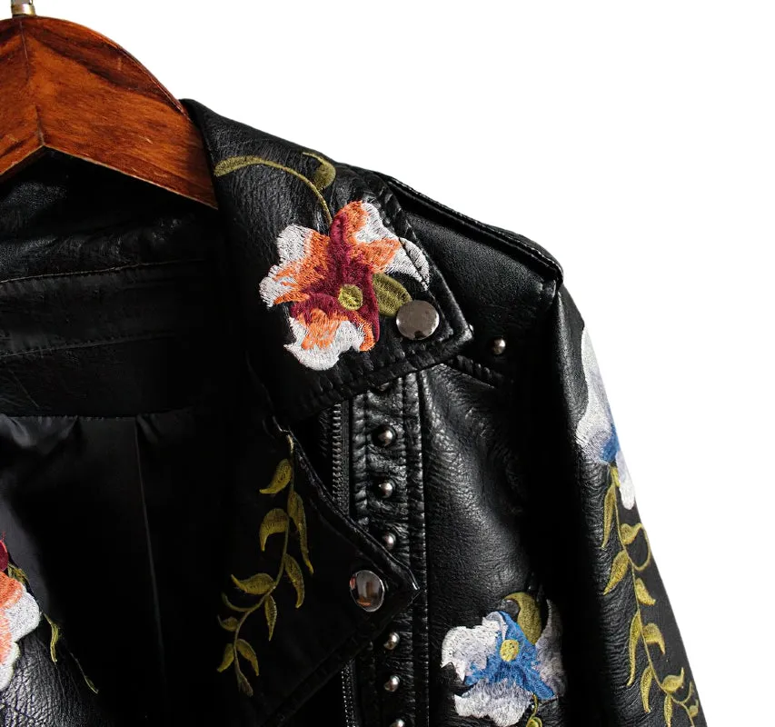 Faux Leather Women's Jacket / Floral Print Embroidery Outerwear / Female Motorcycle Black Coat