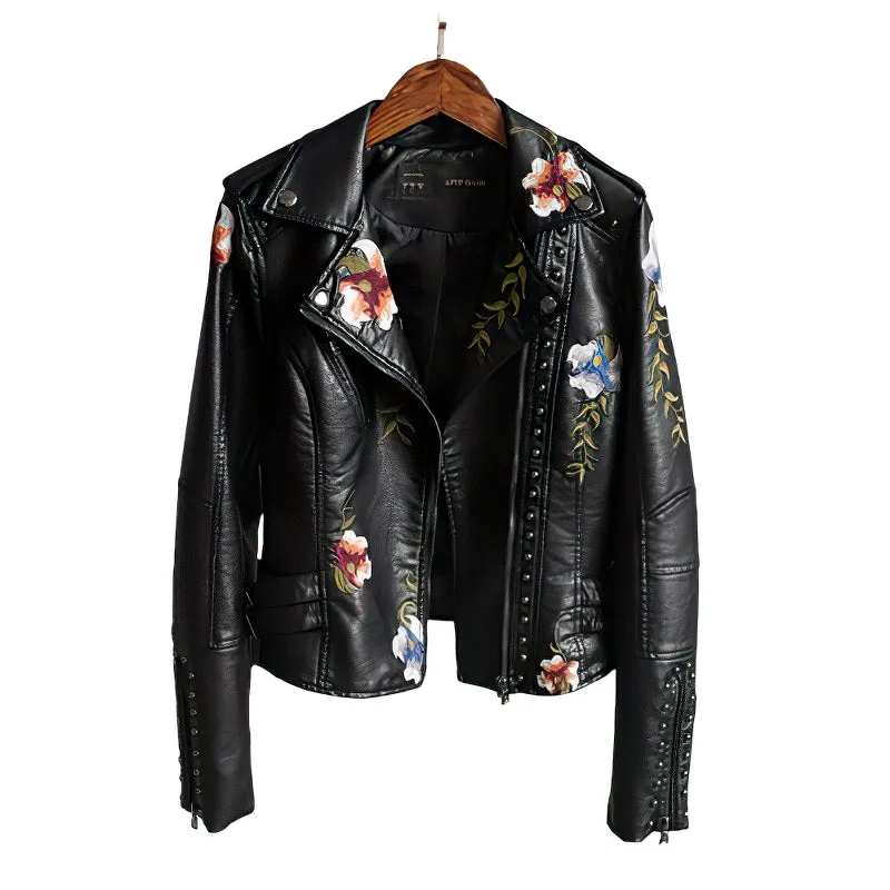Faux Leather Women's Jacket / Floral Print Embroidery Outerwear / Female Motorcycle Black Coat
