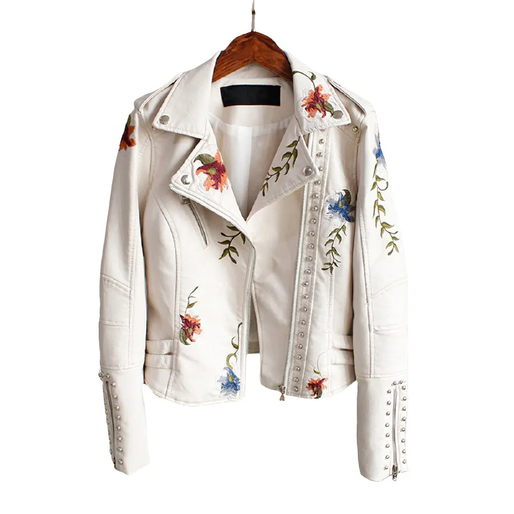 Faux Leather Women's Jacket / Floral Print Embroidery Outerwear / Female Motorcycle Black Coat