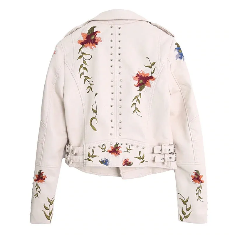 Faux Leather Women's Jacket / Floral Print Embroidery Outerwear / Female Motorcycle Black Coat