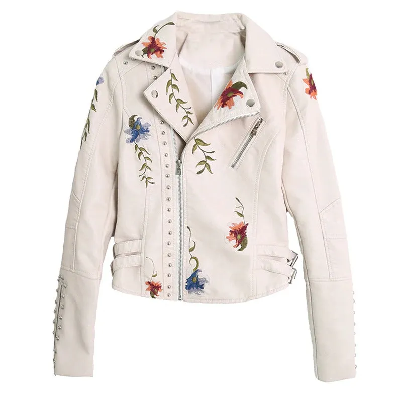 Faux Leather Women's Jacket / Floral Print Embroidery Outerwear / Female Motorcycle Black Coat