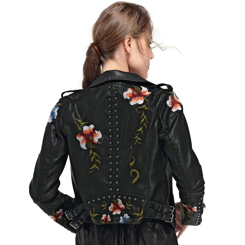 Faux Leather Women's Jacket / Floral Print Embroidery Outerwear / Female Motorcycle Black Coat