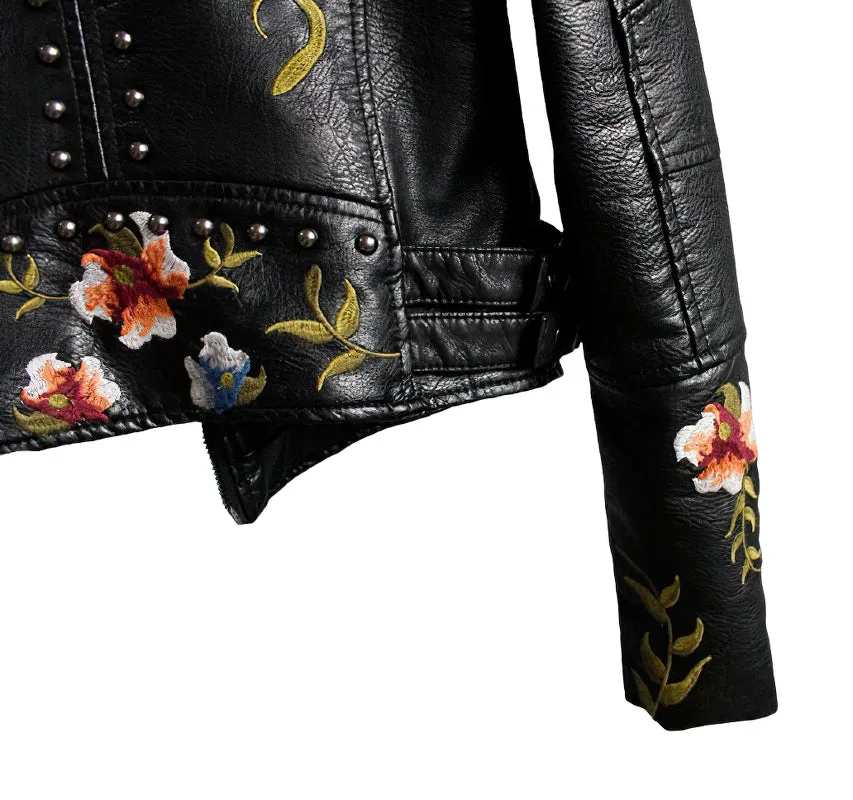Faux Leather Women's Jacket / Floral Print Embroidery Outerwear / Female Motorcycle Black Coat