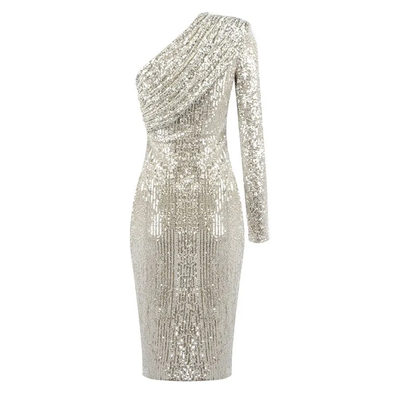 Flytonn- Sparkly One Shoulder Long Sleeved Bodycon Sequin Midi Dress - Gold
