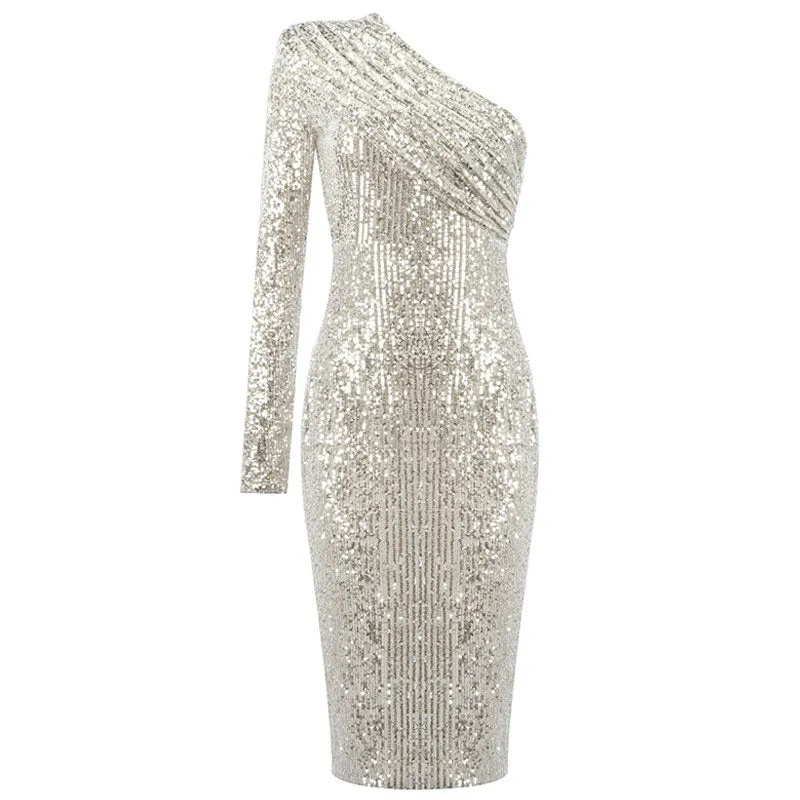 Flytonn- Sparkly One Shoulder Long Sleeved Bodycon Sequin Midi Dress - Gold