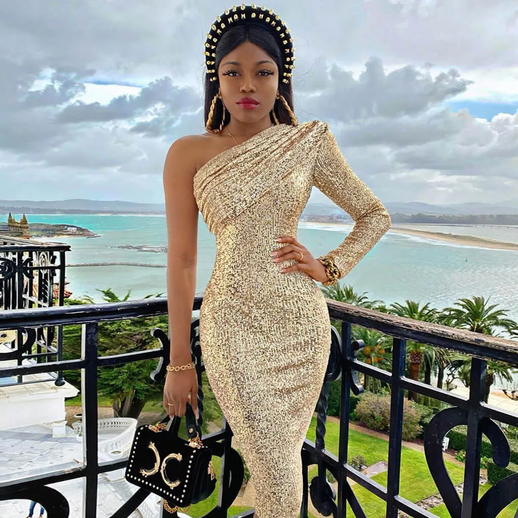 Flytonn- Sparkly One Shoulder Long Sleeved Bodycon Sequin Midi Dress - Gold